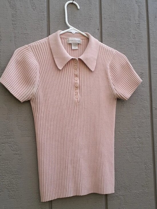 Casual Corner Tops - Vtg 90s Casual Corner Ribbed Button Top Pale Pink Stretchy Sexy Sweater Polo S/M